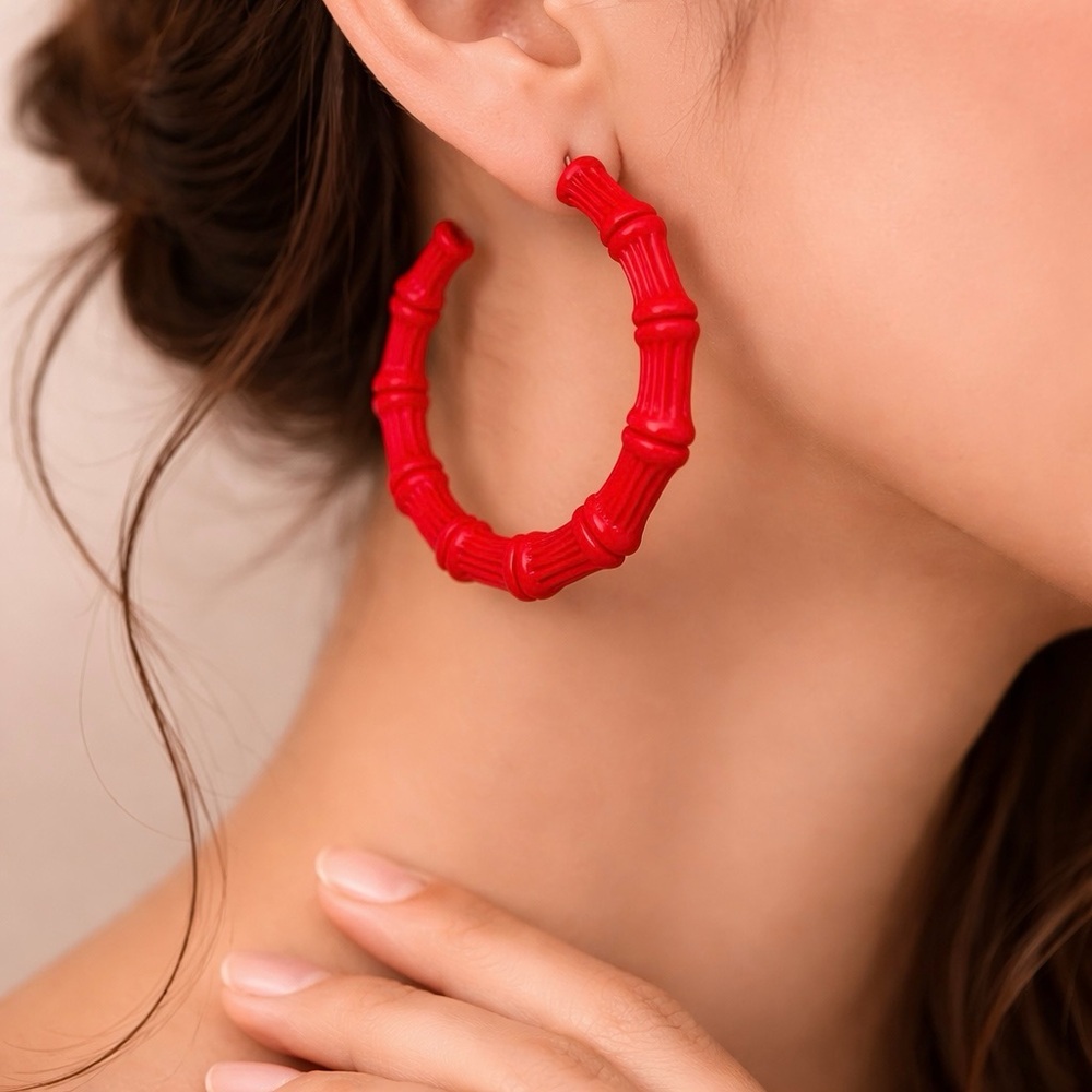 Large Red Bamboo Cuff Hoop Earrings
